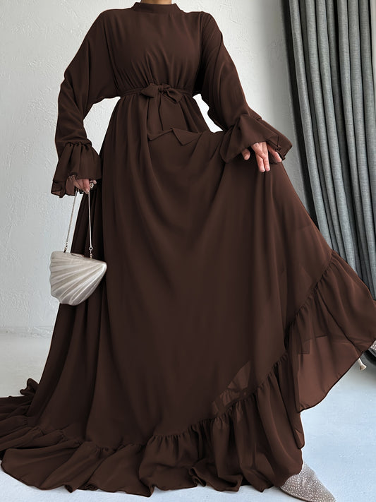 Stunning Solid Color Belted Peplum Maxi Dress - Elegant Palestinian Abaya for Women with Long Sleeves, Pleated Design, and Flattering Silhouette for Spring and Fall Seasons - Chic and Modest Clothing
