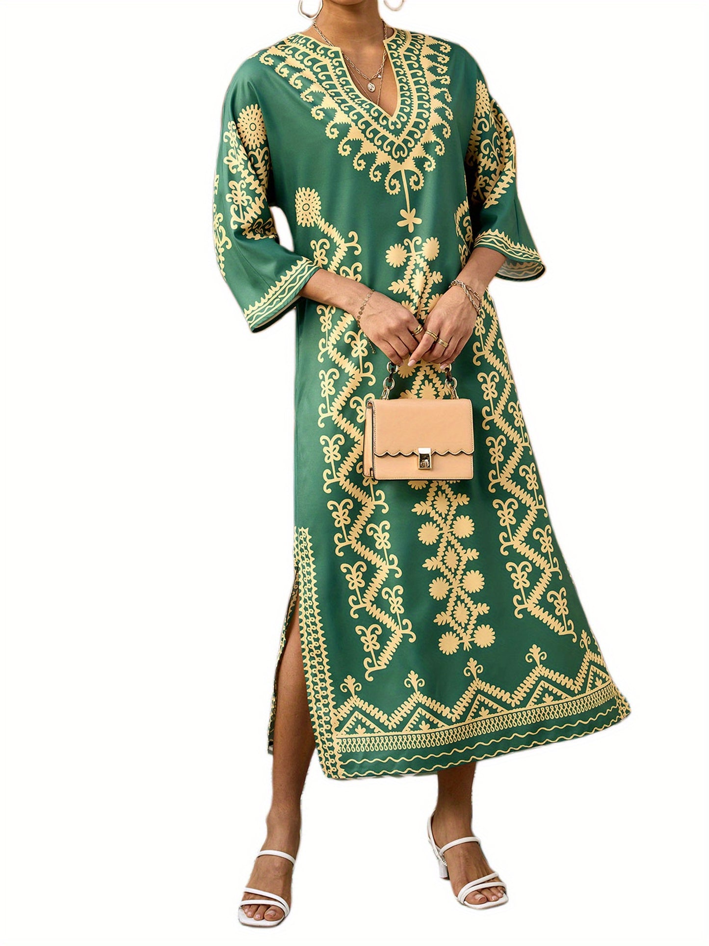 Ramadan Dress 3/4 Sleeve V-Neck Loose Long Dress Retro Print Arab Robe Kaftan Gowns