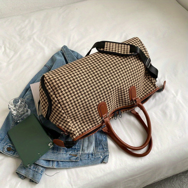 Large Capacity Houndstooth Pattern Sports Bag, Versatile Travel Duffel Luggage Handbag, Trendy Overnight Bag