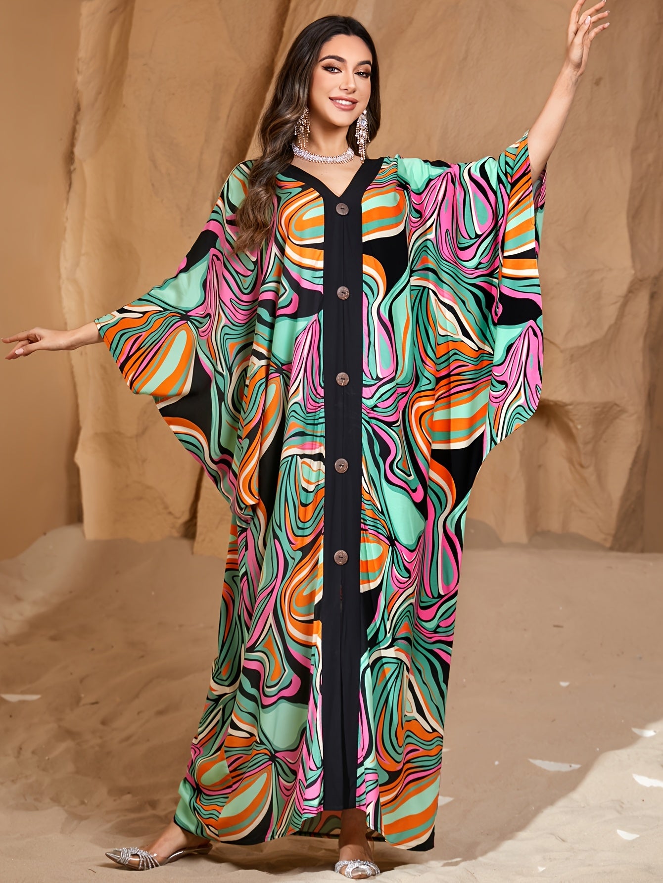 [EDOLYNSA Maxi Dress] EDOLYNSA Elegant Open Front Long Sleeve Maxi Dress | Colorful Striped Print Ethnic Style Middle Eastern Fashion Loose Casual Kaftan Robe Q1827