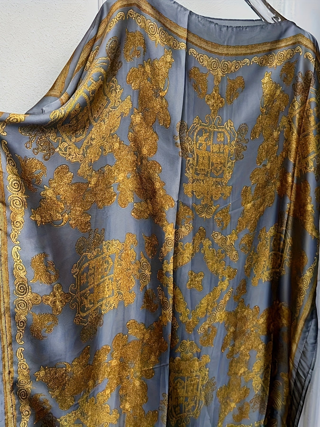 Lightweight Polyester Women's Kaftan Abaya Dress | Golden Floral Print Batwing Sleeve Loose Fit Maxi Dress, Middle Eastern-Inspired Spring Summer Fall Casual to Formal Wear with Scarf