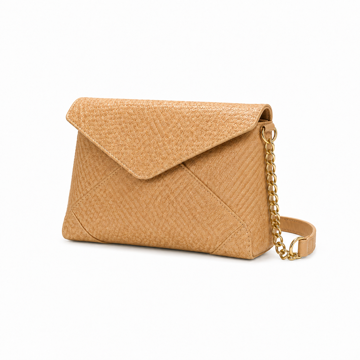 Beige Woven Gold Chain Crossbody Bag