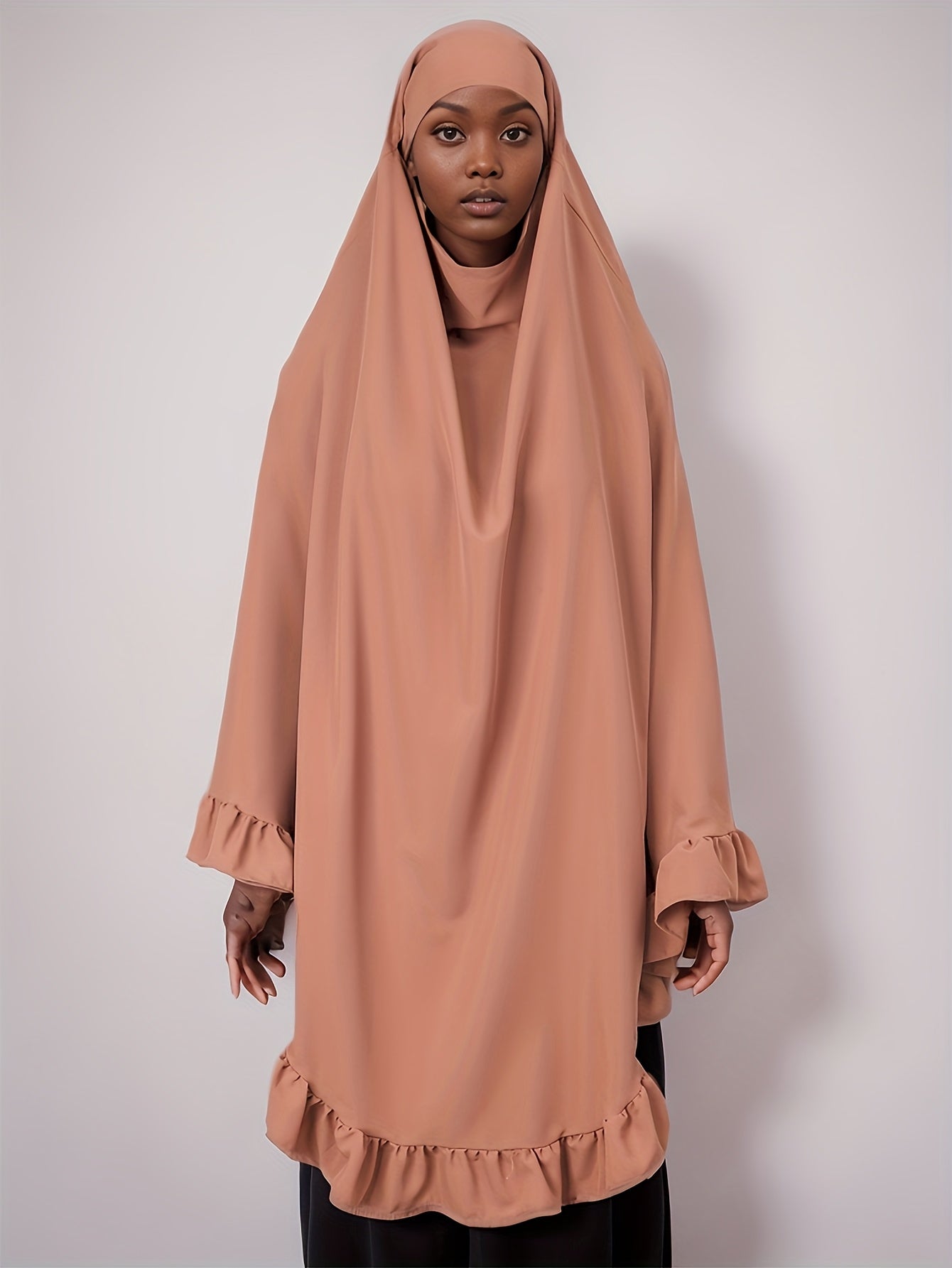 1pc Muslim Prayer Khimar Abaya Burqa - Arabian Style Modest Covering with Ruffled Hem & Wooden Edge, Machine Washable All-Season Solid Color Brown Hijab Scarf, Prayer Shawl for Women