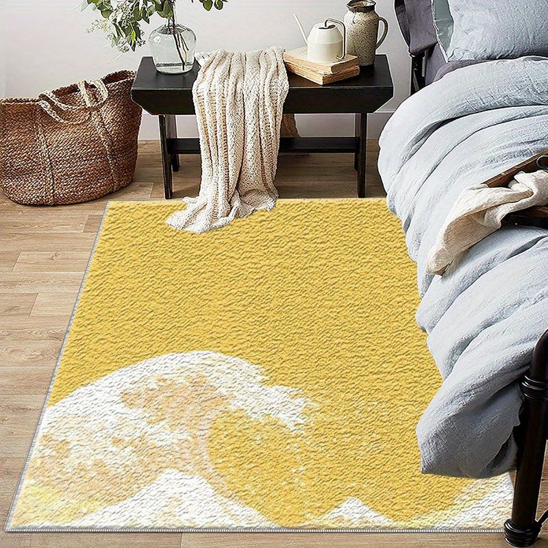 1pc Coastal Area Mat - Lightweight Machine-Washable Mat with Non-Slip Backing, Easy-Clean Floor Mat for Living Room, Bedroom, Bathroom, Kitchen - Modern Coastal Decor in Yellow & White, Durable Indoor/Outdoor Mat for Home, Of