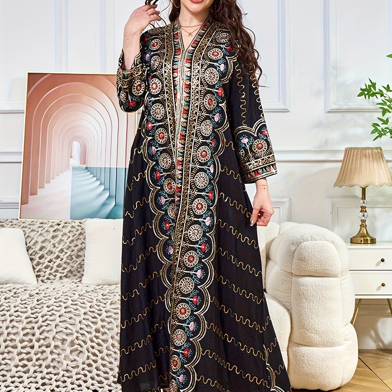 Middle East Autumn-Winter New Arrival: Stylish Muslim Black Dress with Beaded V-Neck, Loose Fit Party Evening Gown for Women – Turkish Design Long Abaya