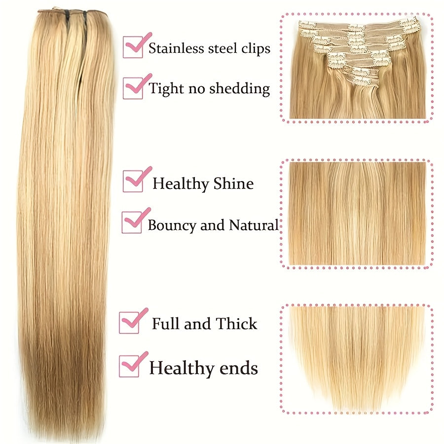 8pcs Clip In Hair Extensions 100% Real Human Hair P8/613 Color Brown Highlight Blonde For Women Daily Use Real Easy Wear