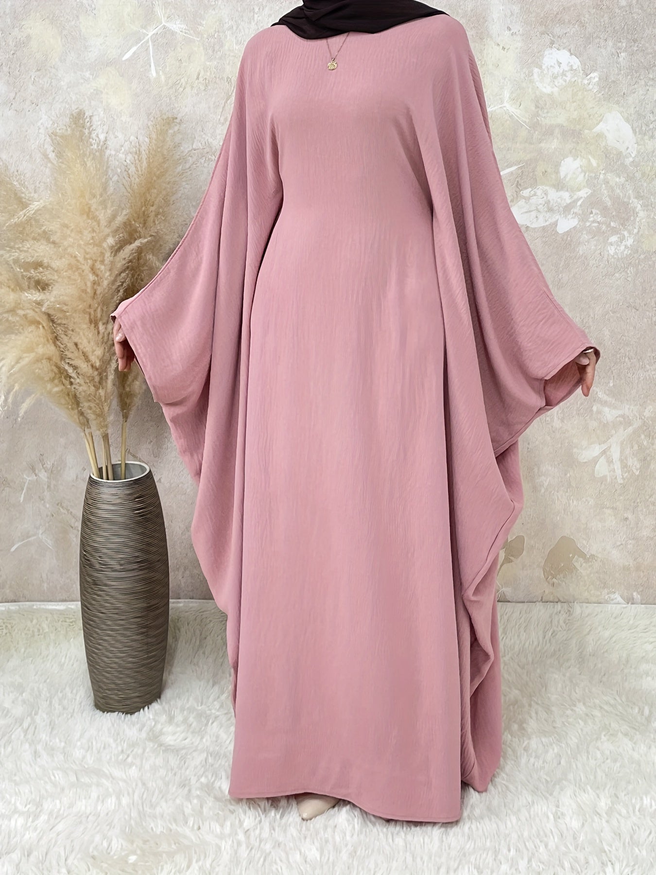 Women's Vintage Arabic Abaya Dress - Ramadan Modest Batwing Sleeve Long Dress with Waist Belt, Loose Fit Solid Black, Faux Pockets for All-Season Wear, Muslim Dress, Modest Apparel