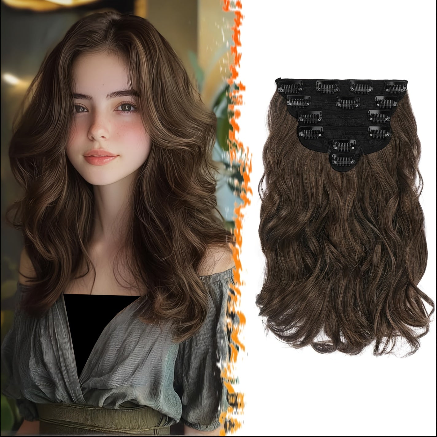 FESHFEN 6pcs Clip-In Hair Extensions, 12 Inch/30cm, Short Wavy Clip-In Extensions, Suitable for Women Halloween/Cosplay/Daily Wearing, Full Head, Thick Synthetic Clip Hair Extension - Brown