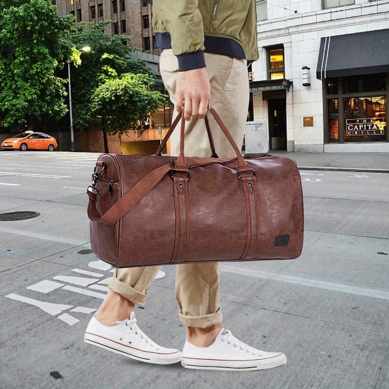 Leather Travel Bag with Shoe Pouch Weekender Overnight Bag Carry On Duffel Bag for Men WomenBrown