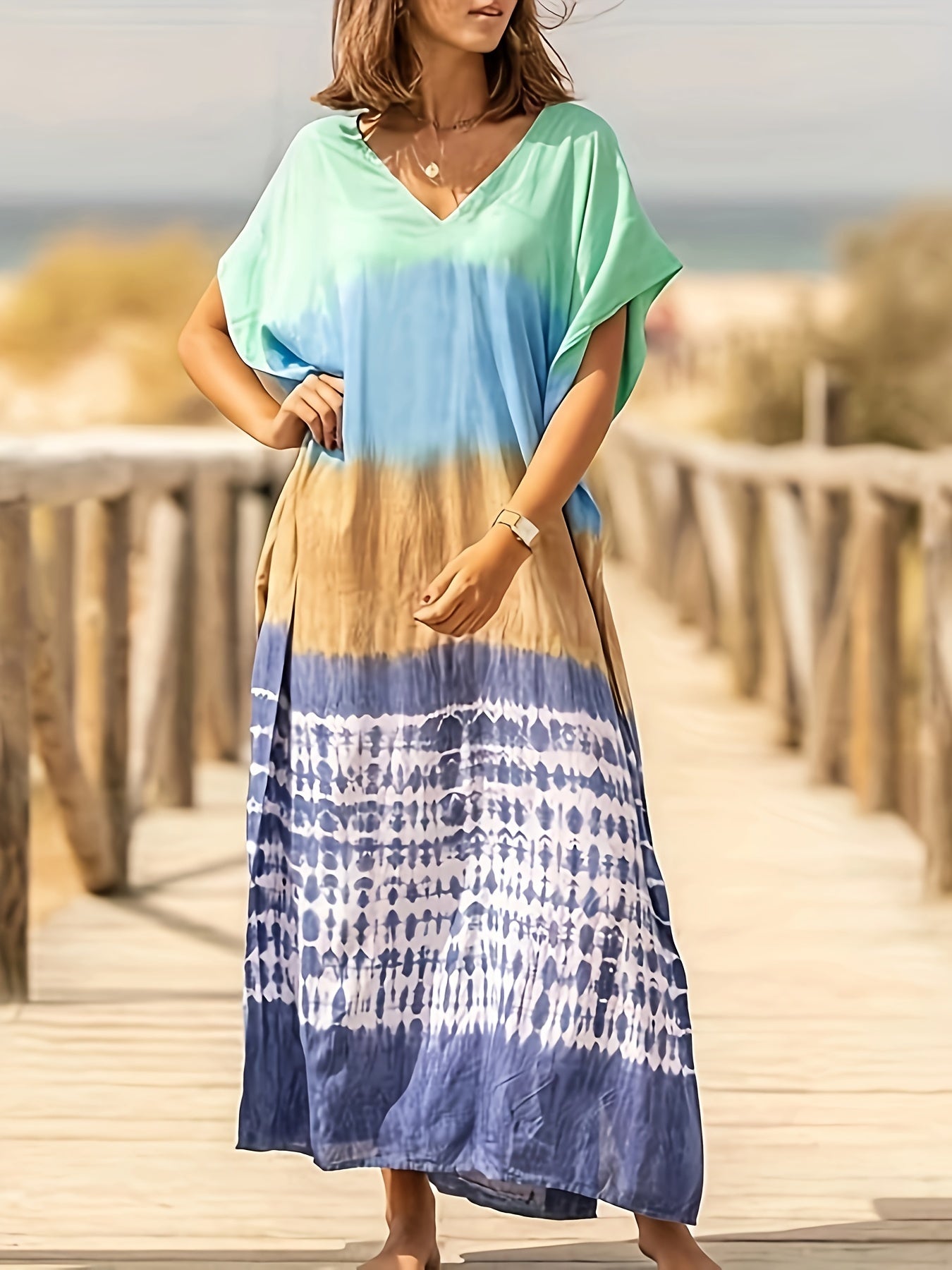 Women Green Tie Dye Kaftan Dress | Beach Cover Up Short Sleeve Maxi Dress, Casual V-Neck Kimono, Loose Fit For Spring/Summer/Fall