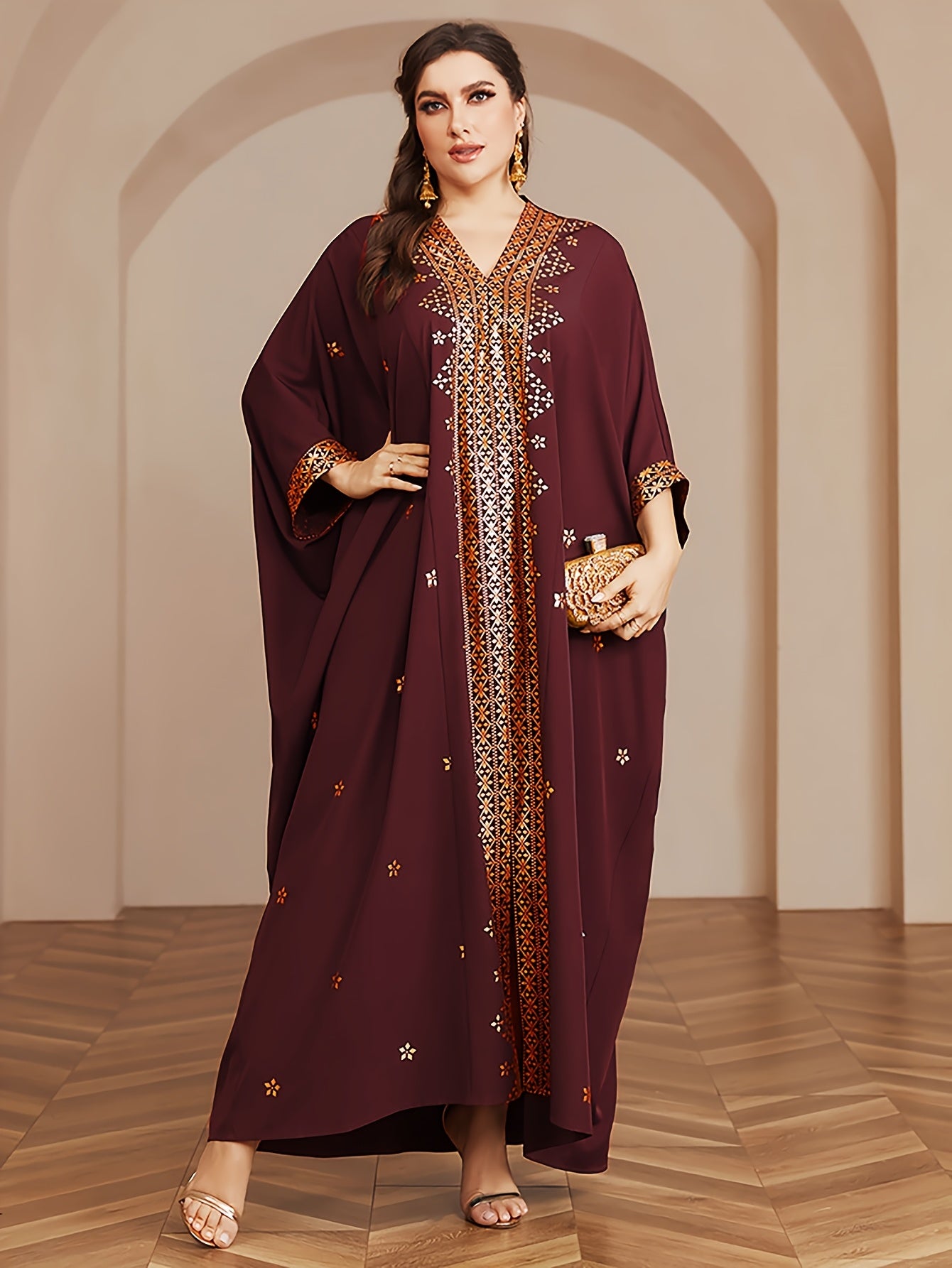 Polyester Long Kaftan | V-Neck Tribal Pattern Woven Non-Stretch, Middle East Golden Tassel, Batwing Sleeve Abaya, Plus Size, All Season