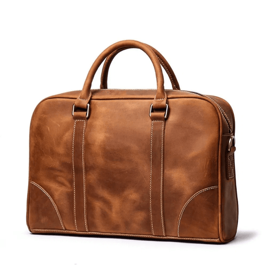 Compact Size, Vintage Brown Leather Laptop Bag - Adjustable Strap, Zip Closure, Casual Style, Faux Leather Interior