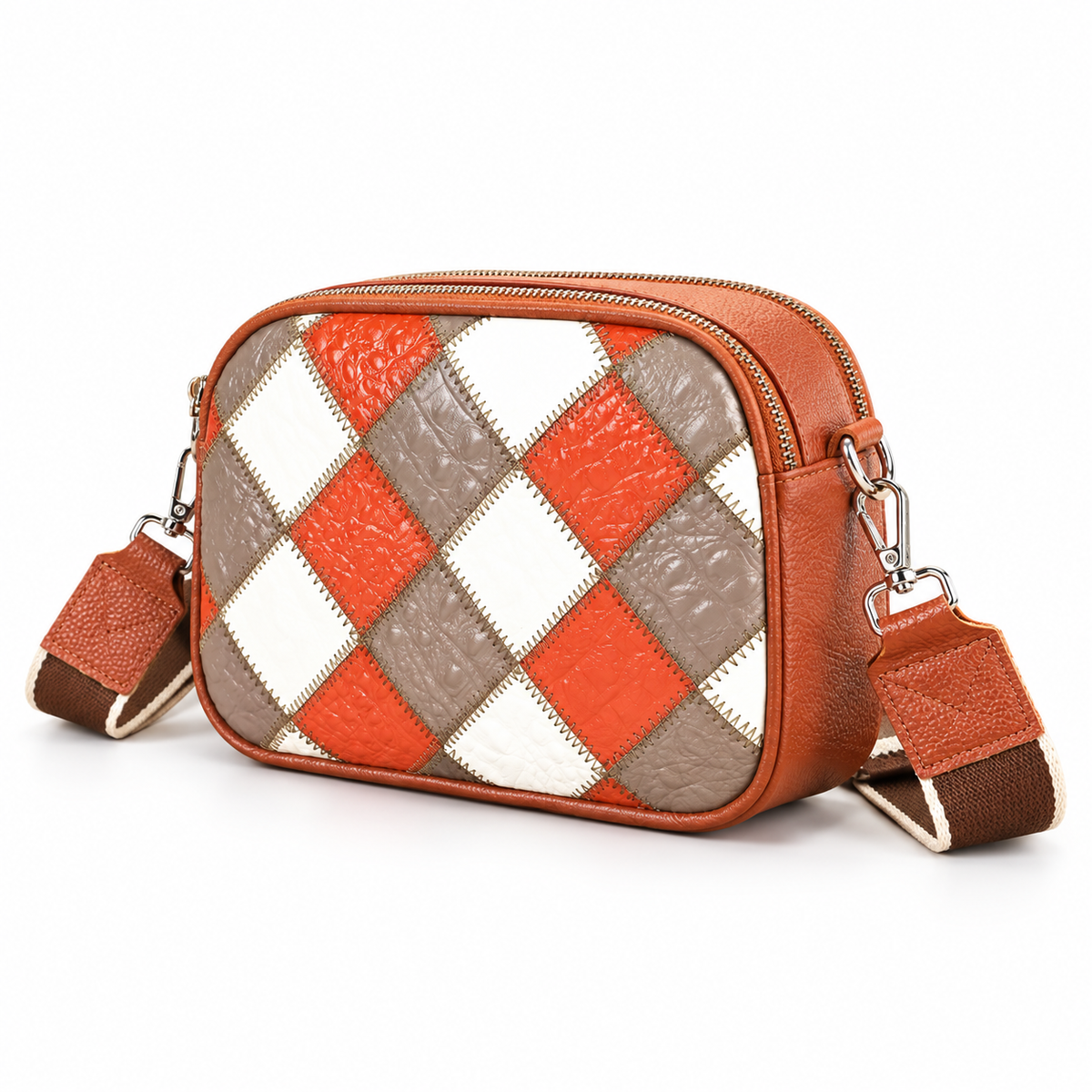 Orange Diamond Patchwork Textured Crossbody Bag