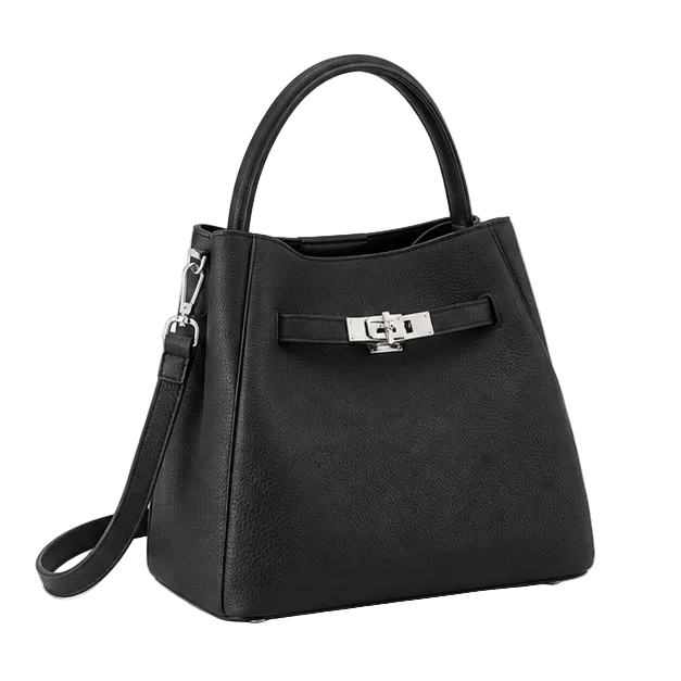 Elegant Black Structured Leather Bucket Handbag