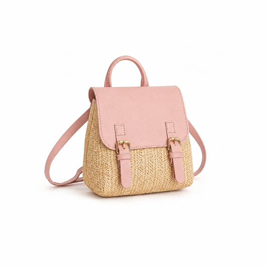 Blush Pink Straw Woven Mini Backpack Handbag