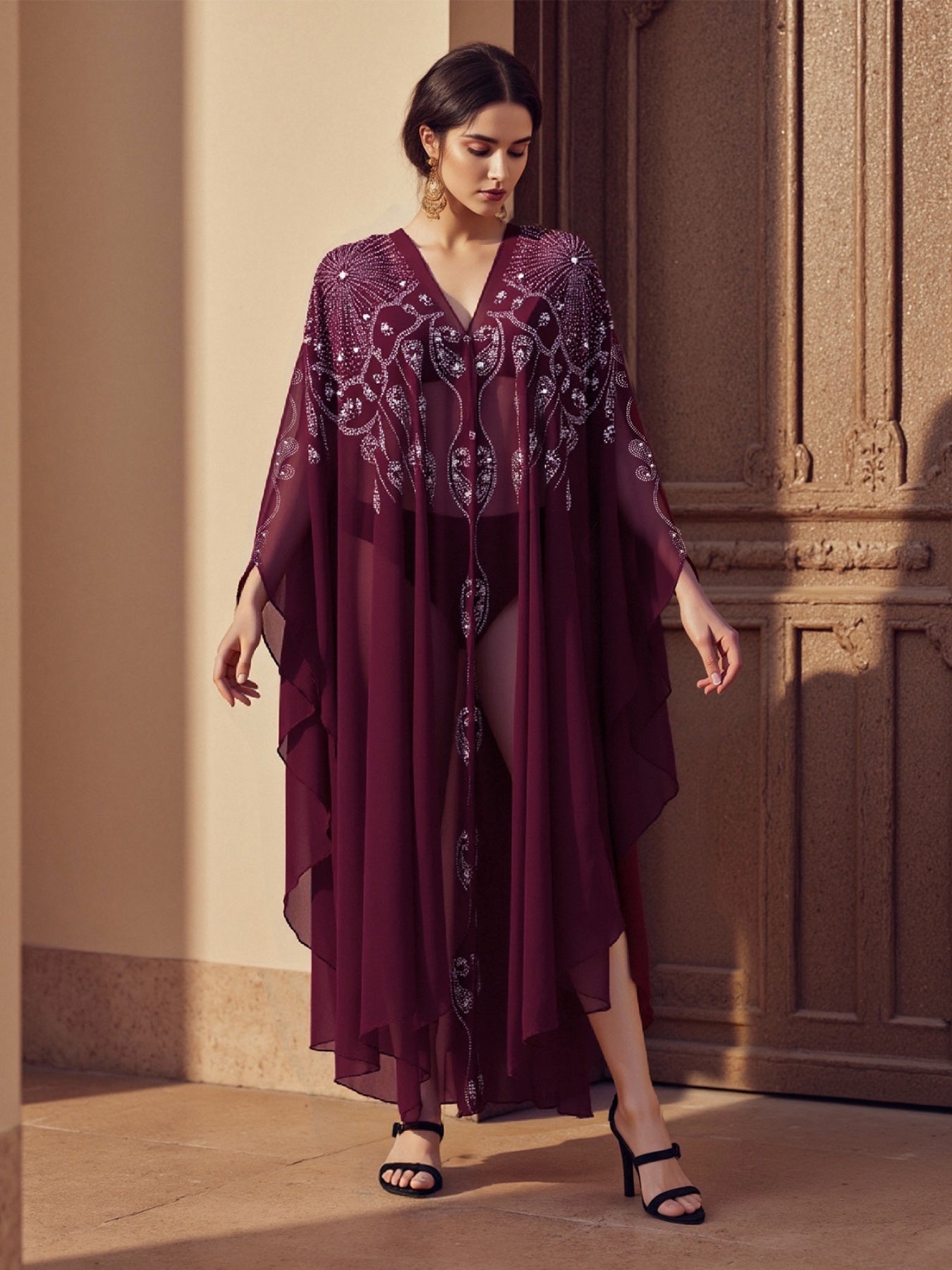 Women's Autumn Long Kaftan Dress Long Bat Sleeve Hooded Rhinestone Cape Arab Abaya Dress
