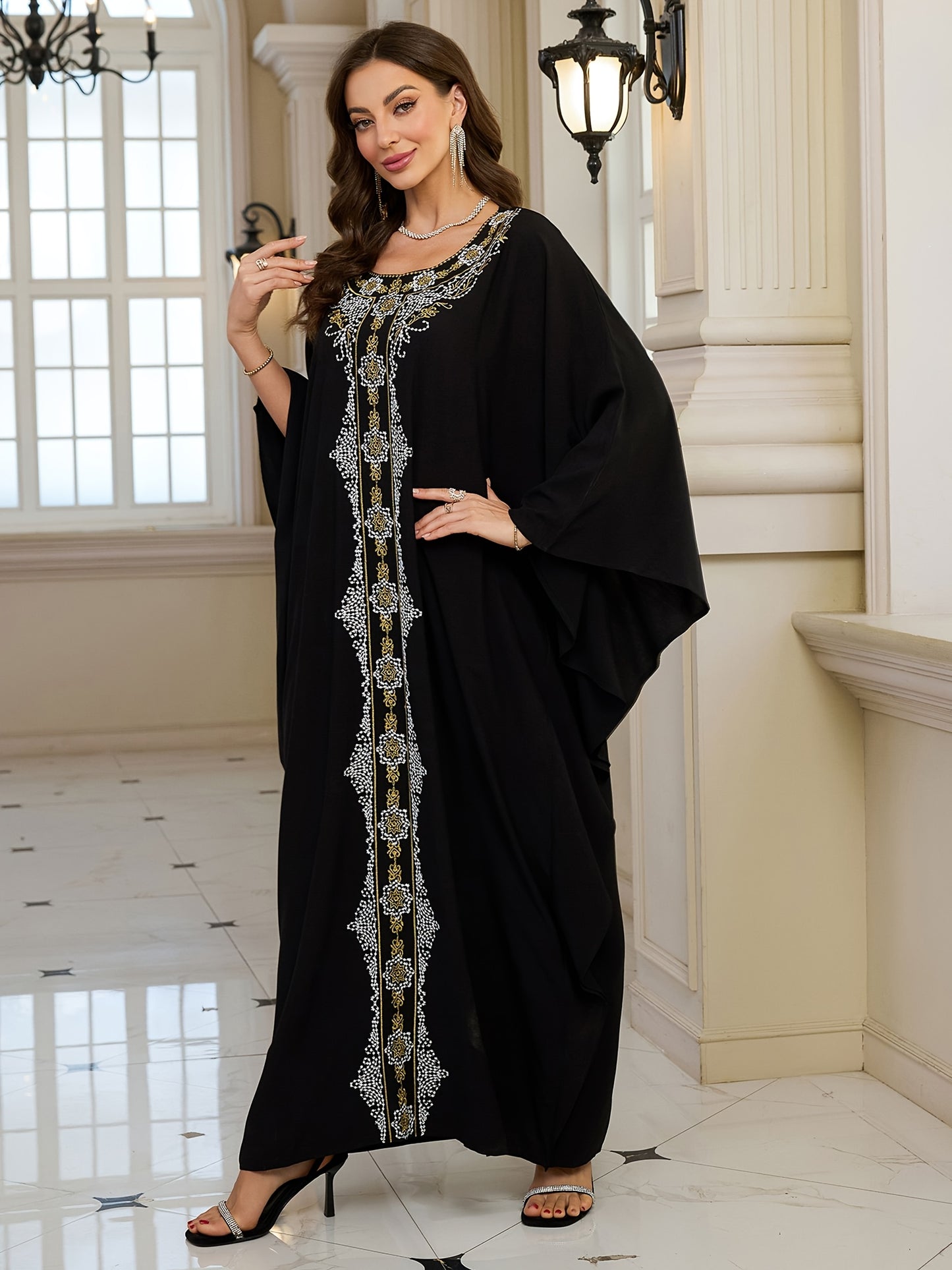 Plus Size Elegant Long Sleeve Batwing Kaftan, Viscose Non-Stretch Fabric, Tribal Embroidery, Loose Fit, with Woven Traditional Middle Eastern Abaya Robe for Festive Occasions