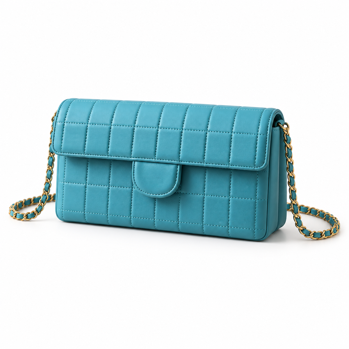 Turquoise Quilted Crossbody Bag With Chain