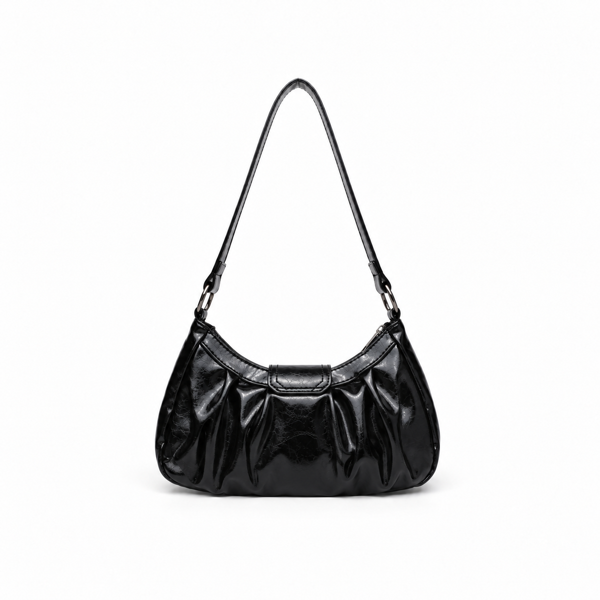 Glossy Black Buckle Shoulder Hobo Bag