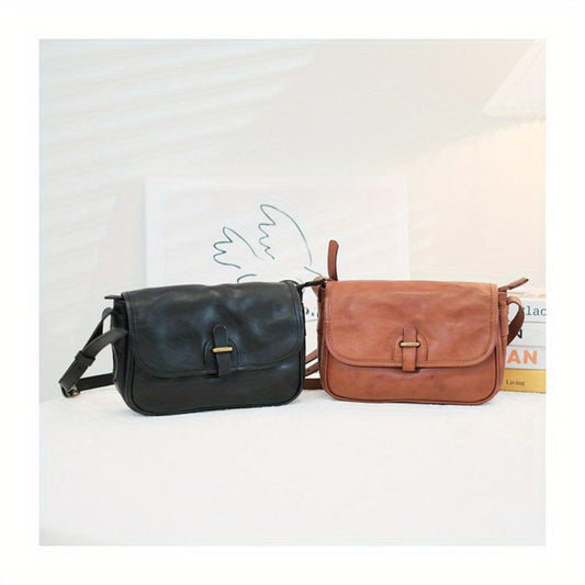 Japanese-Style Vintage Crossbody Shoulder Bag - Genuine Leather with Adjustable Strap & Golden-Tone Clasps, Zipper Closure, Polyester Lining