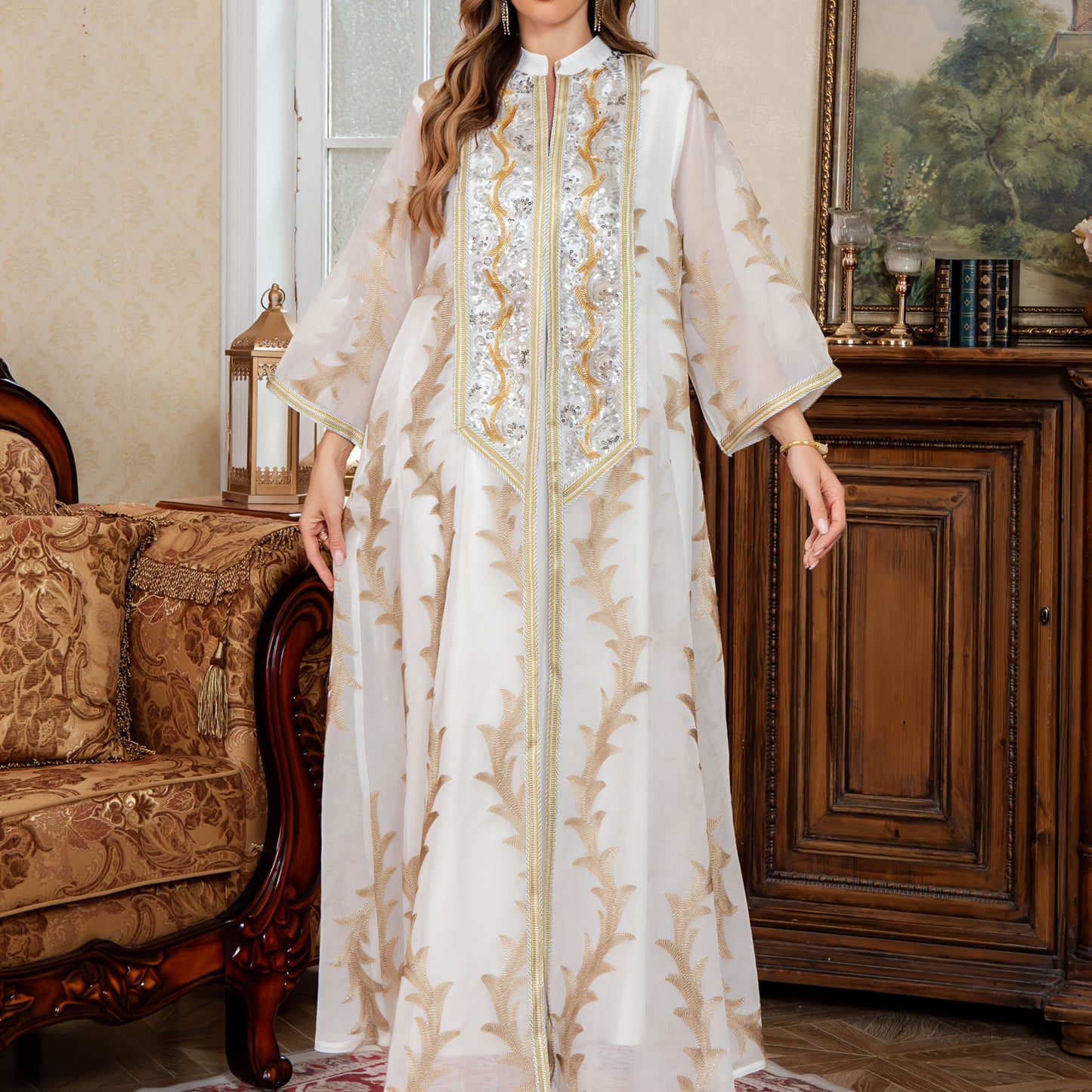 New Sequin Abaya Dress, Middle Eastern High-end Elegant Pure Muslim Two-piece Set, Fashionable and Comfortable Design, Suitable for Daily Wear, INS Middle Muslim Embroidered Long Robe Abaya Light Luxury Evening Dress Two-piece Set