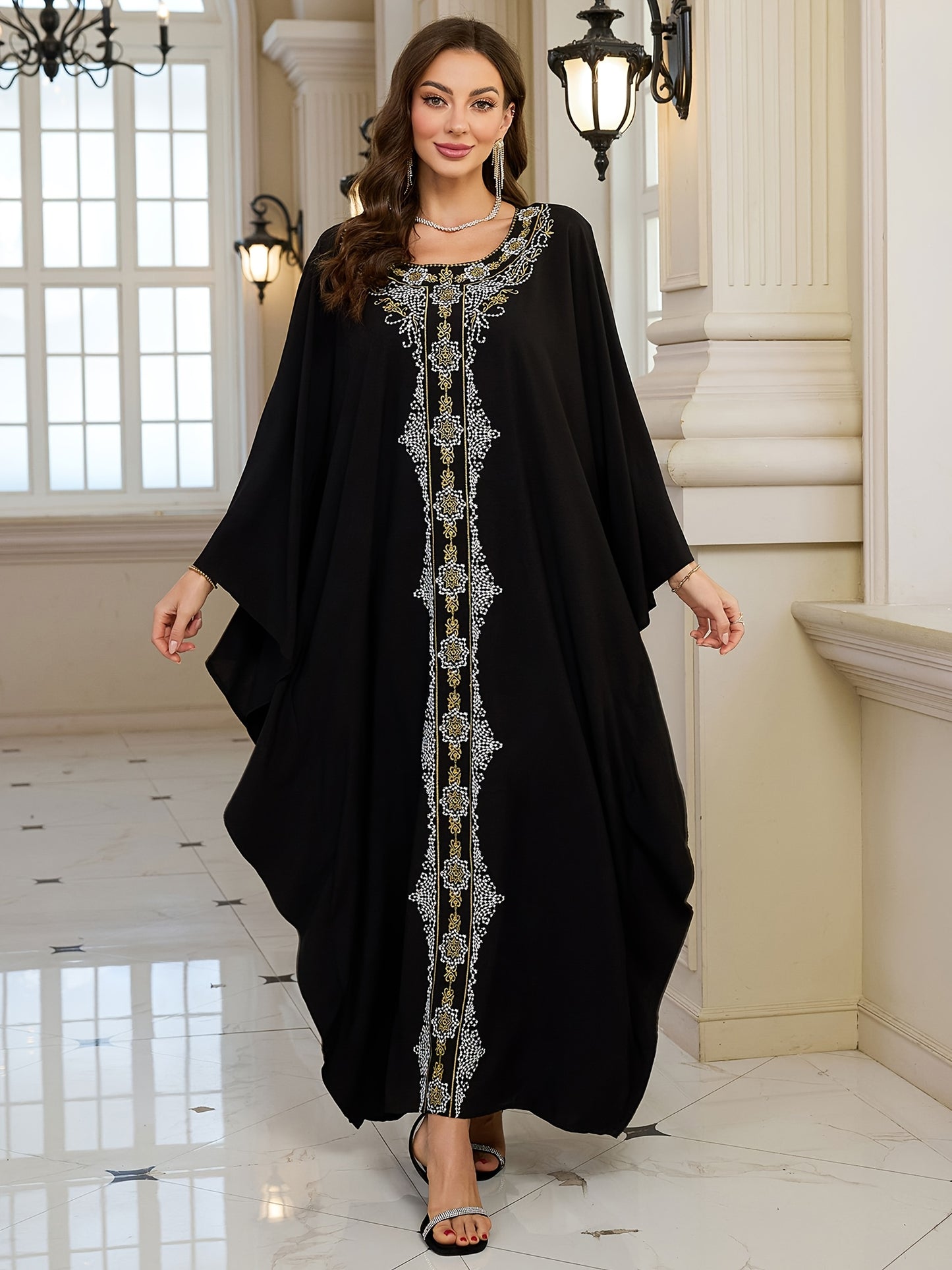 Plus Size Elegant Long Sleeve Batwing Kaftan, Viscose Non-Stretch Fabric, Tribal Embroidery, Loose Fit, with Woven Traditional Middle Eastern Abaya Robe for Festive Occasions
