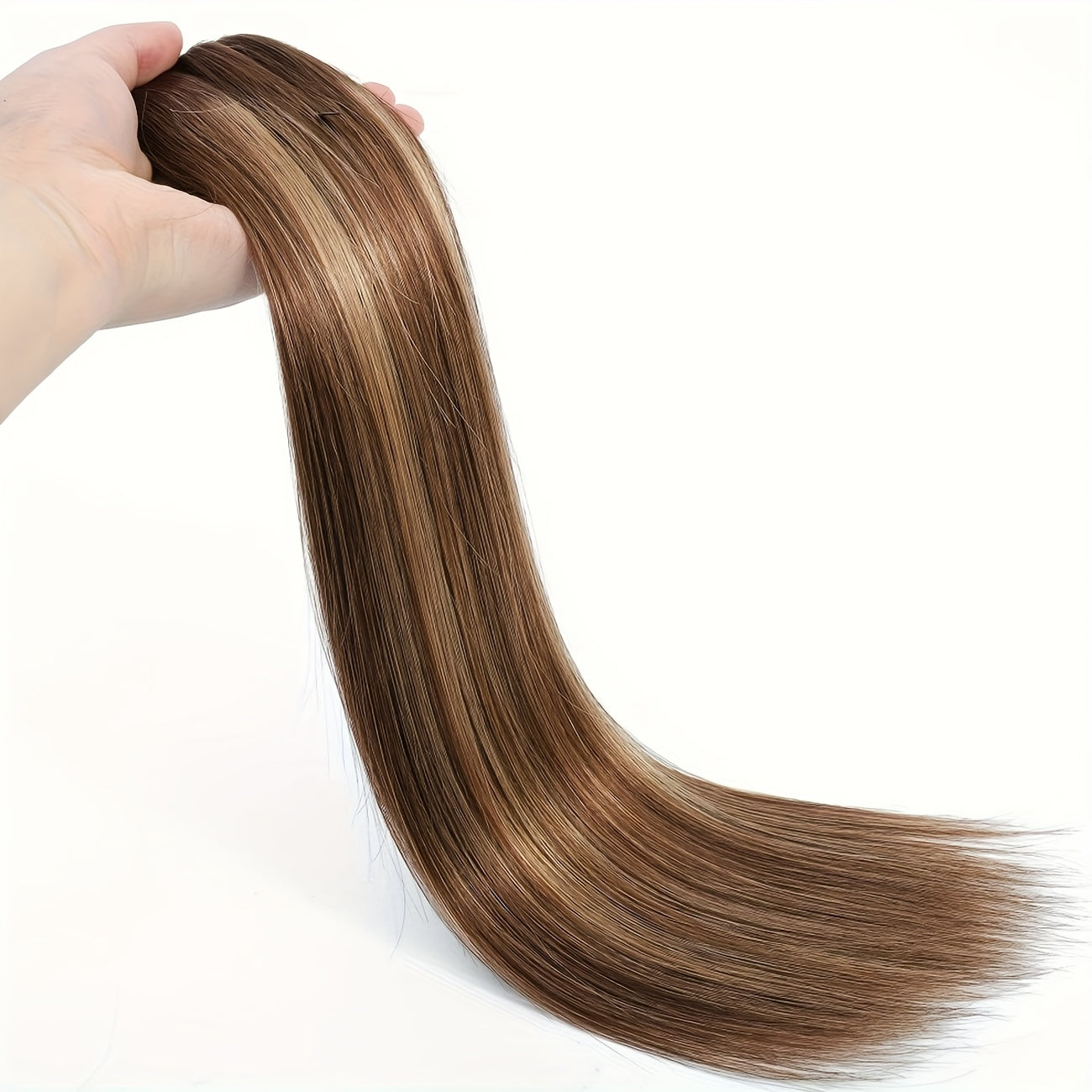 Human Hair Clip-In Extensions in Medium Brown to Caramel Blonde, Featuring Natural Straight Strands. This Set Includes 8pcs with Color 4/27, Designed for Women. These Weft Extensions Are Suitable for Everyday Use And Come in