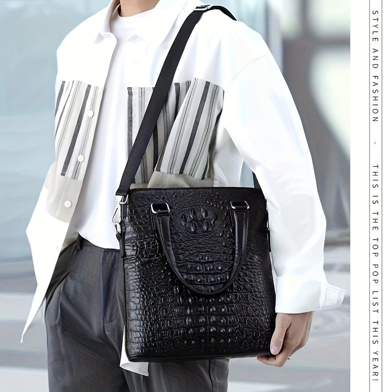 Men Business Leather Laptop Tote Bag Briefcase - Double Pull Crocodile Grain Design, Lightweight Durable Genuine Leather with Adjustable Shoulder Strap
