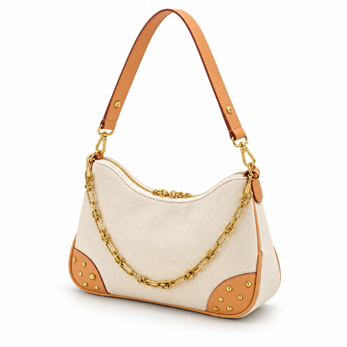Cream Textured Shoulder Bag With Chain