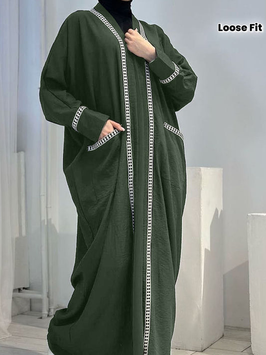 Women's Elegant Olive Green & Black Contrast Trim V-Neck Long Sleeve Kaftan Robe - Loose Fit All-Season Machine Washable Arab Cardigan for Home & Casual Wear, Decorative Detailing