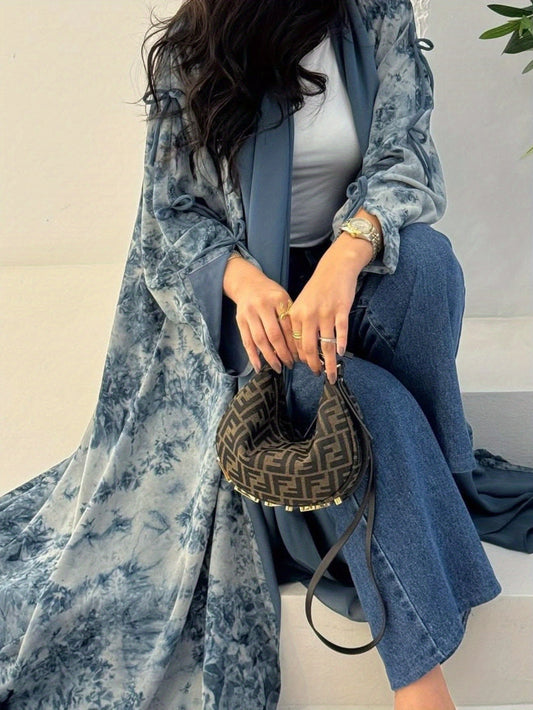 Stylish Women's Muslim Chiffon Print Summer Casual Emirati Abaya with Headscarf