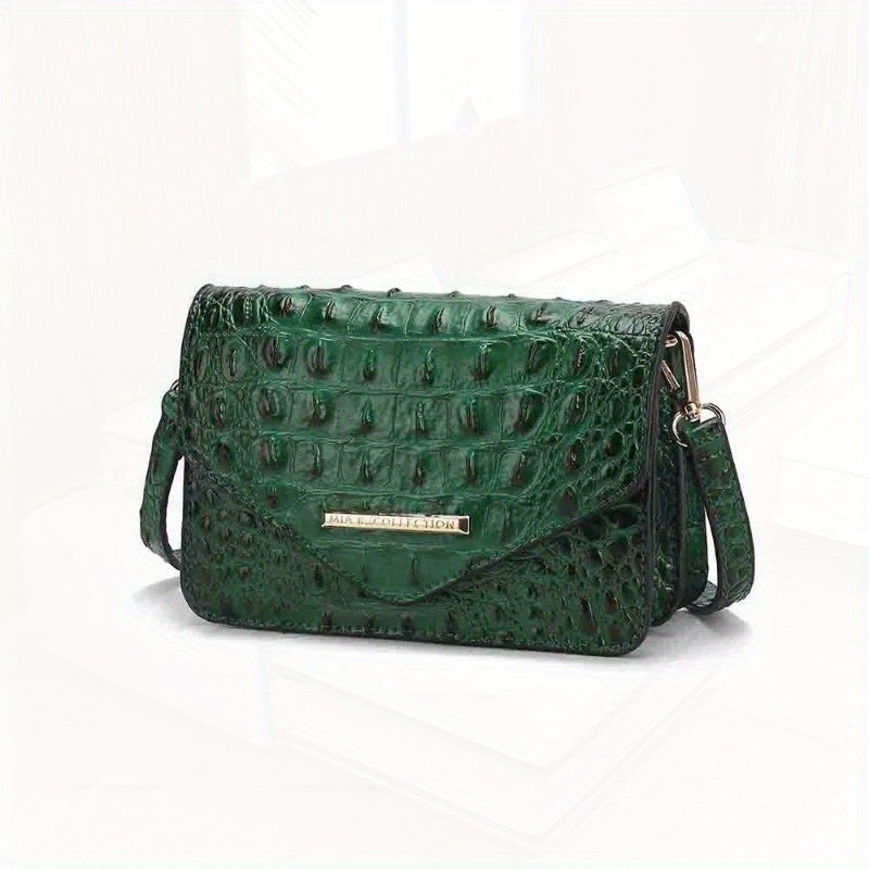 Saddle Croc-Embossed Leather Crossbody Shoulder Bag - Top-Grain Genuine Leather, Detachable Strap, Zipper Closure
