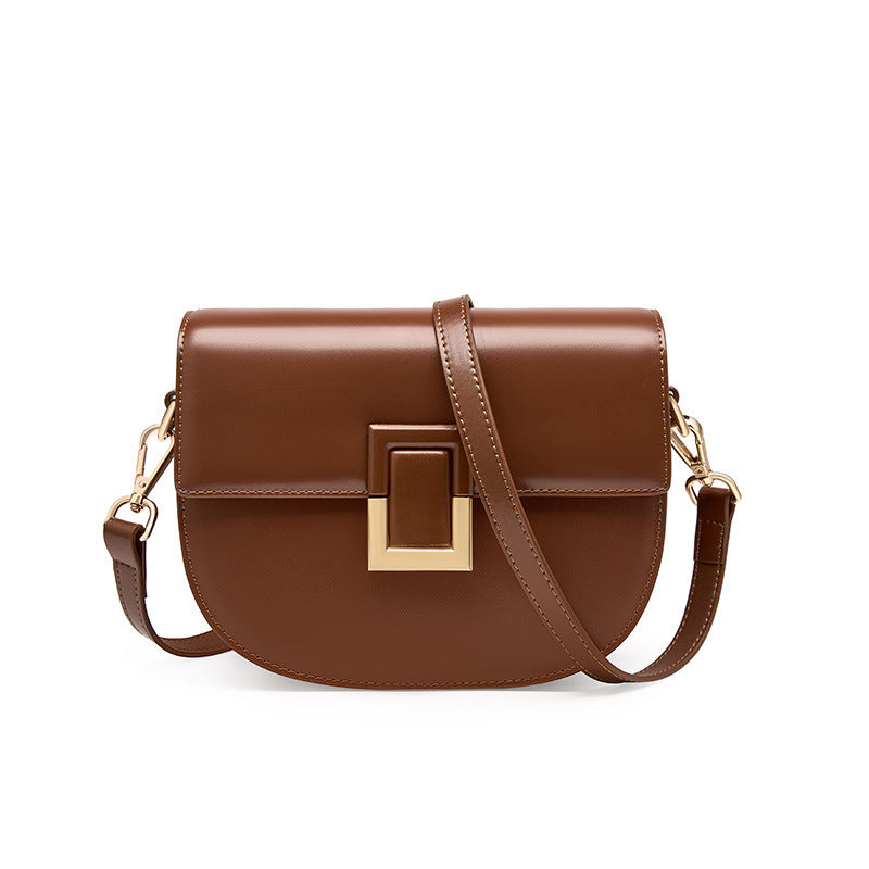 2025 New Style Women's Vintage Saddle Crossbody Bag - Genuine Leather Shoulder Bag with Golden-Tone Buckle Closure, Polyester Lining & Oil-Edged Trim