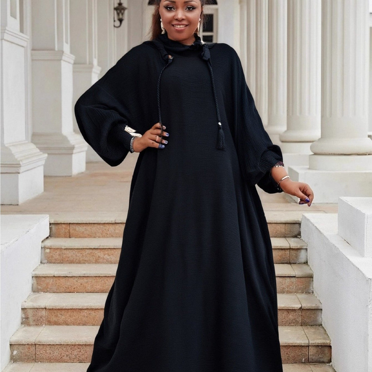 Plus Size Women's Hooded Long Sleeve Abaya - Oversized Loose Fit Solid Color Casual Elegant Gown, Machine Washable All-Season Comfort for Casual Attire, Leisure Outfit