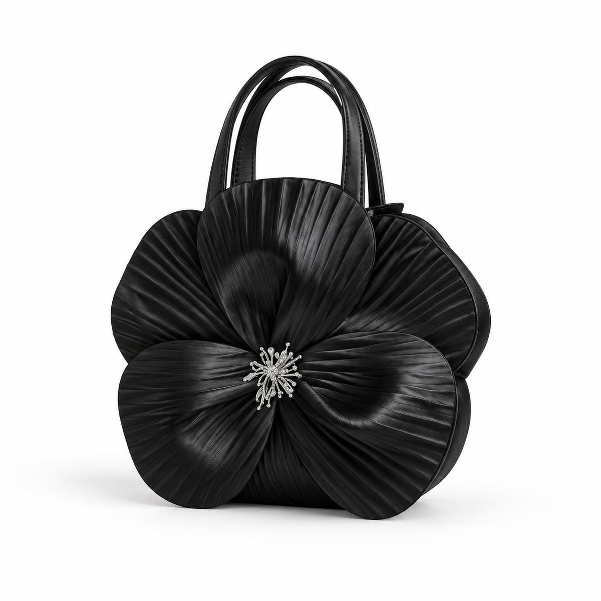 Elegant Black Pleated Flower Handle Clutch