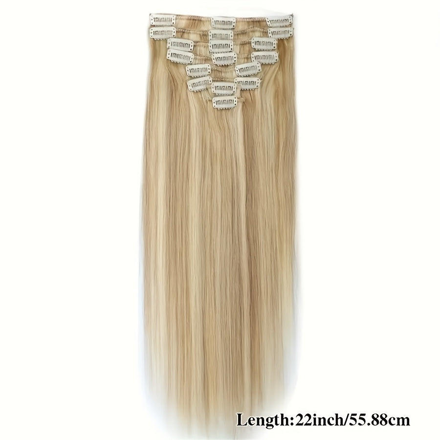 8pcs Clip In Hair Extensions 100% Real Human Hair P8/613 Color Brown Highlight Blonde For Women Daily Use Real Easy Wear