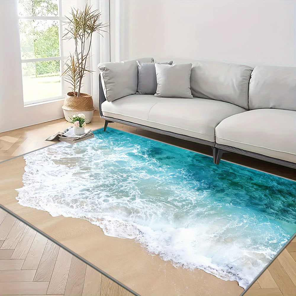 Washed Imitation Cashmere + Washed Backing Imitation Cashmere Weight 1200g per Square Meter + Thickness 8.6mm 1pc, Beautiful Mat with Beach Wave Pattern, Large Floor Mat Easy to Clean, Suitable for Outdoor Camping Rugs for De