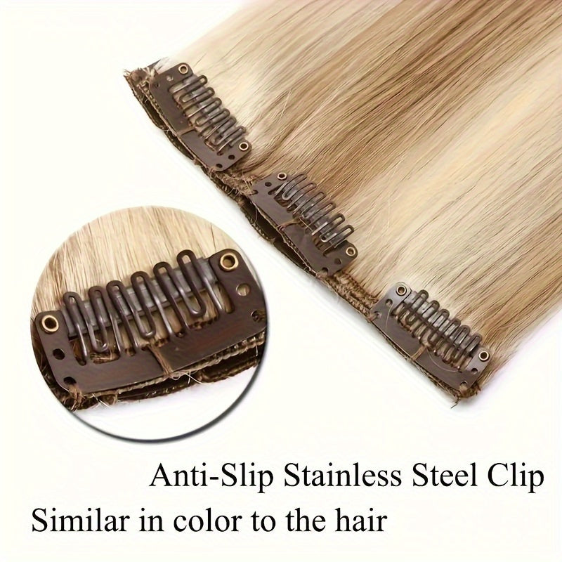 Straight Clip In Hair Extensions 8pcs With 18 Clips Real Human Hair Clip Ins For Women Double Weft Clip In Human Hair Extensions #12/613 Light Brown Mix Bleach Blonde Remy Hair Extension