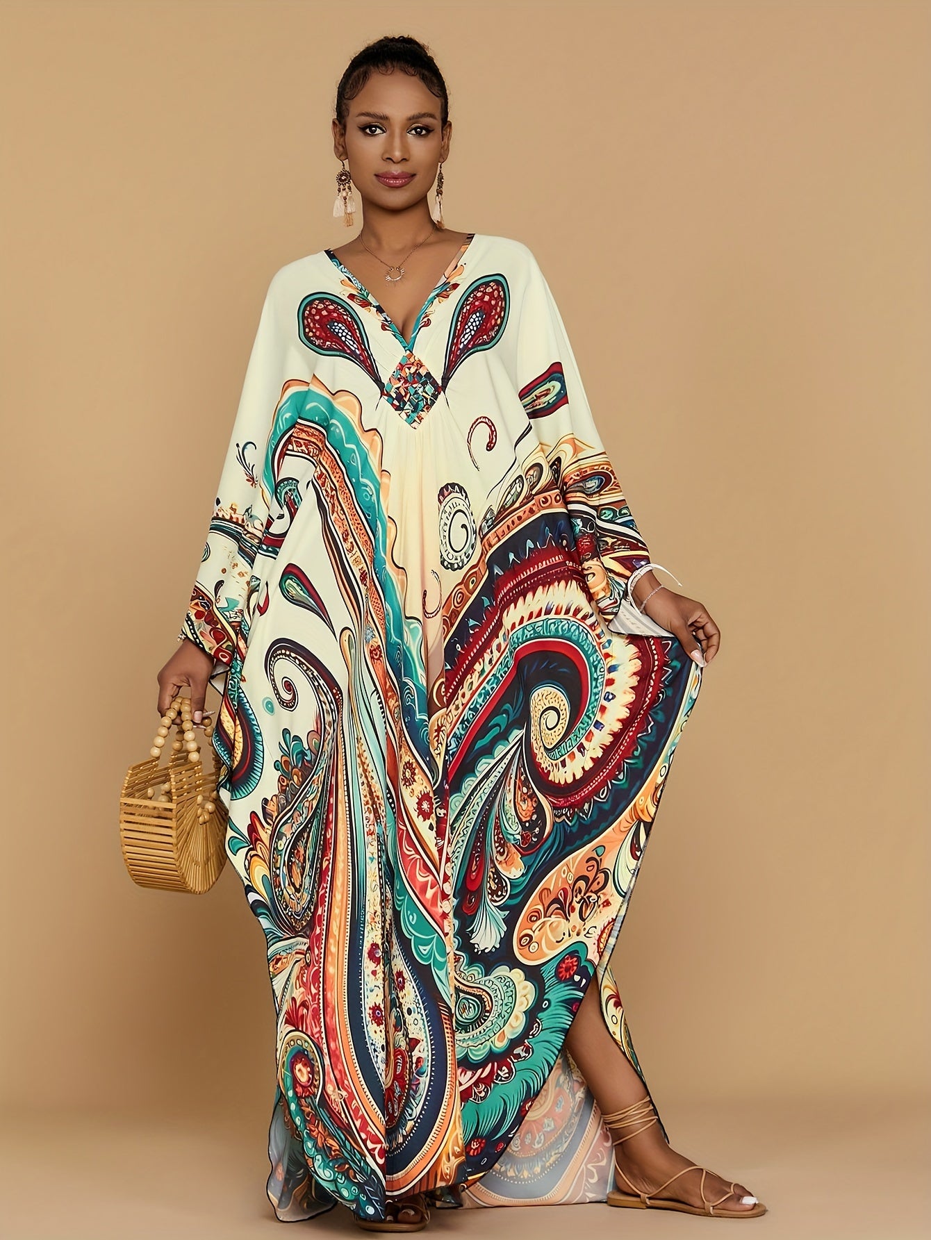 Vibrant Bohemian Kaftan Dress - Four-Sided Elastic V-Neck, Bat Sleeves, Beach Cover-Up