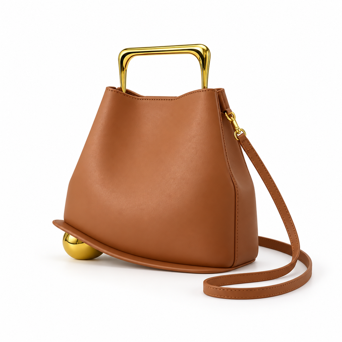 Caramel Leather Evening Clutch Gold Handle
