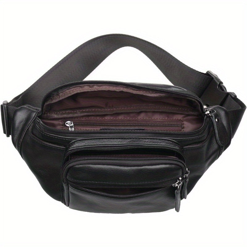 Genuine Napa Leather Cowhide Fanny Pack Belt Bag Organizer - Adjustable Strap up to 48", Multiple Zippered Compartments, Compact 10x5 Inch