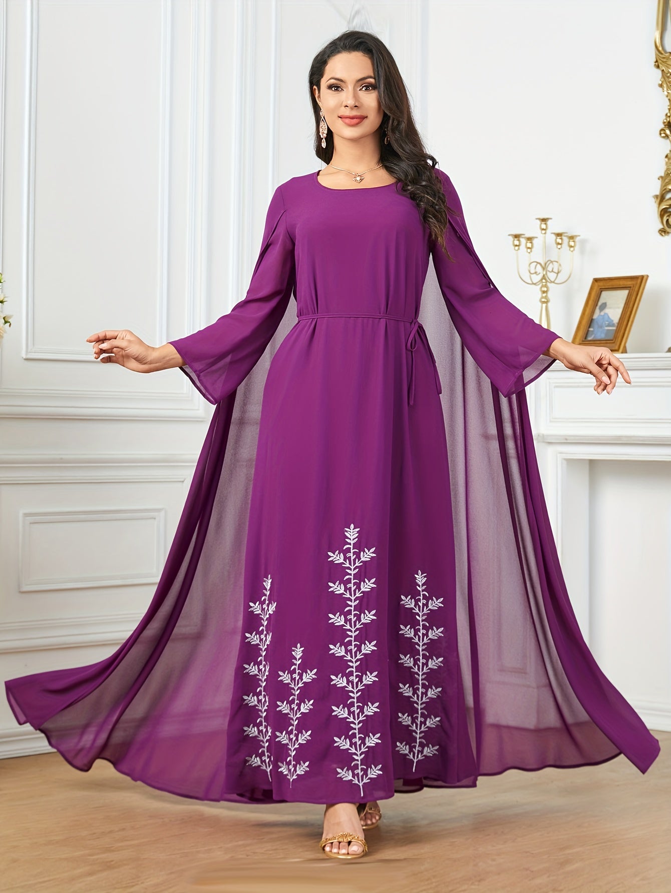 Polyester Traditional Abaya Dress - Solid Color Round Neck Embroidered Long Sleeve with Cape, Regular Fit, All-Season, Middle Eastern Cultural Apparel