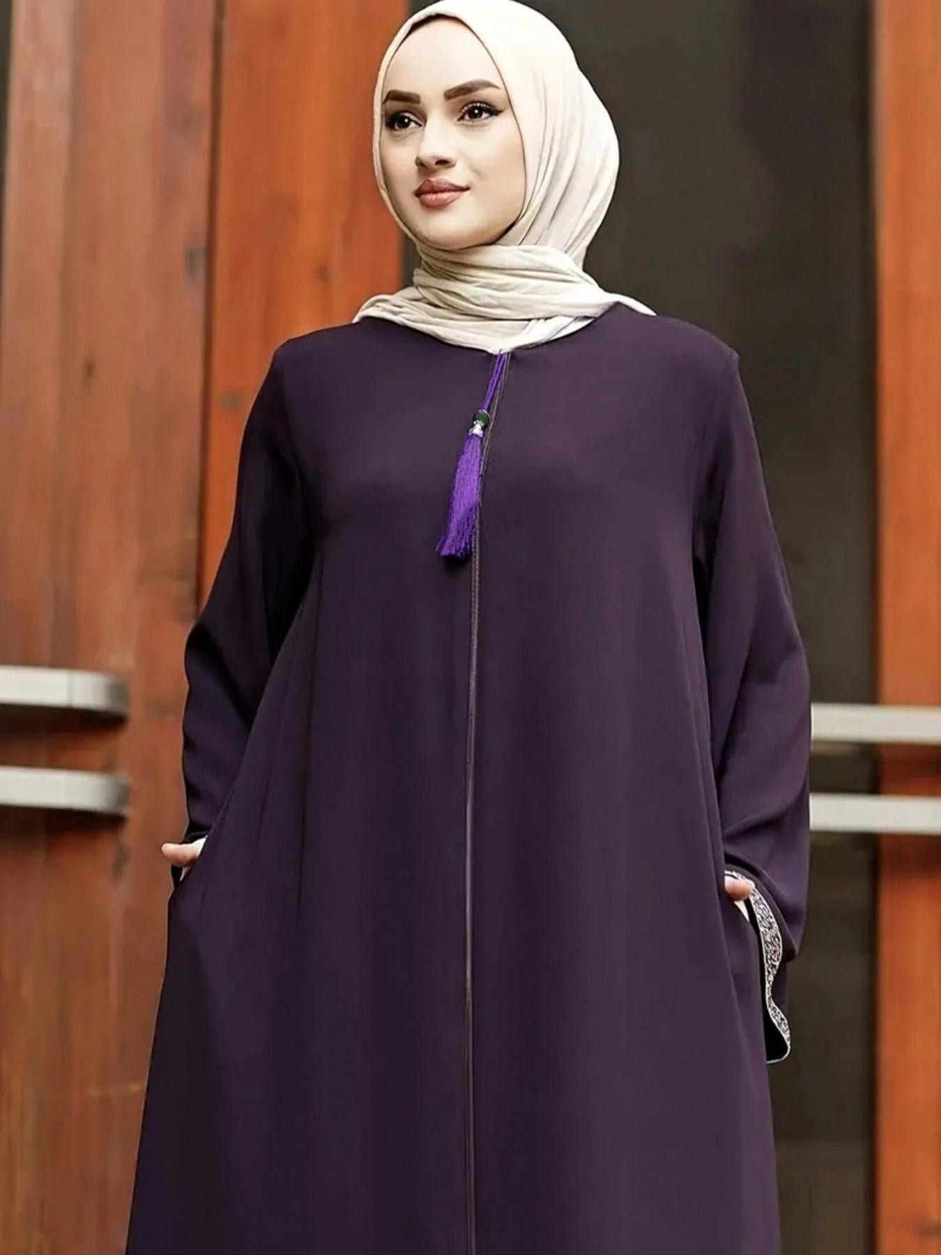 Women's Traditional Moroccan-Style Long Baju Abaya with Zipper Closure - Solid Color, Loose Fit, Round Neck, Polyester, Casual Wear, Casual Wear|Traditional Robe|Polyester Dress