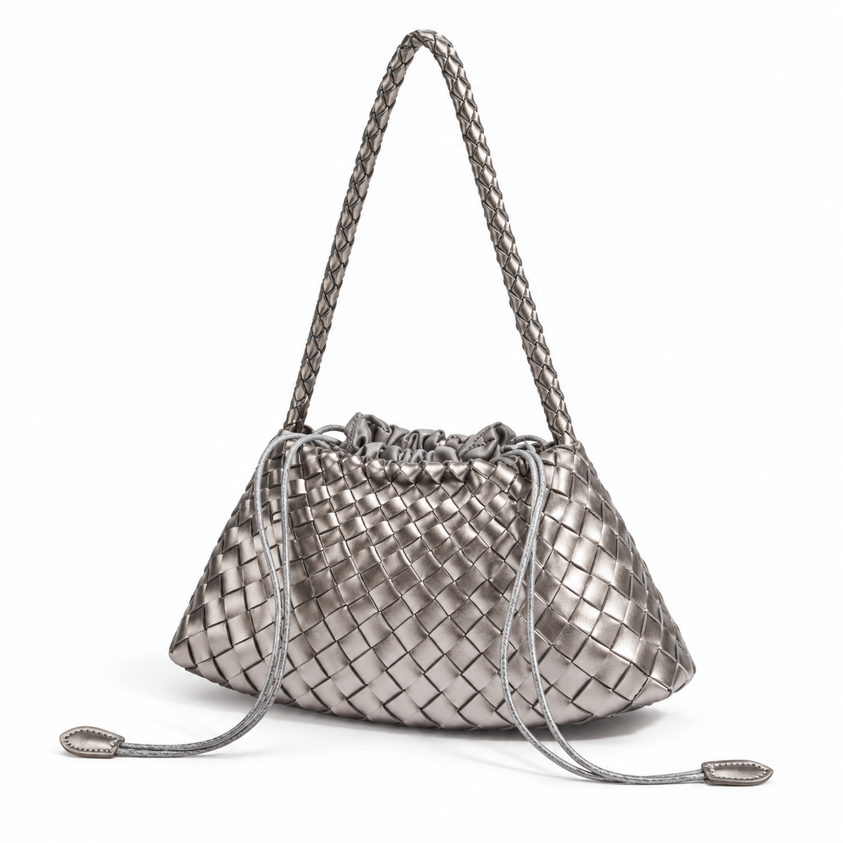 Metallic Silver Woven Drawstring Shoulder Bag