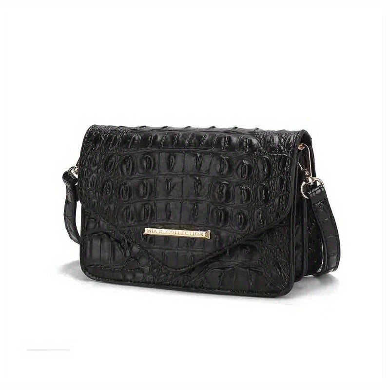 Saddle Croc-Embossed Leather Crossbody Shoulder Bag - Top-Grain Genuine Leather, Detachable Strap, Zipper Closure