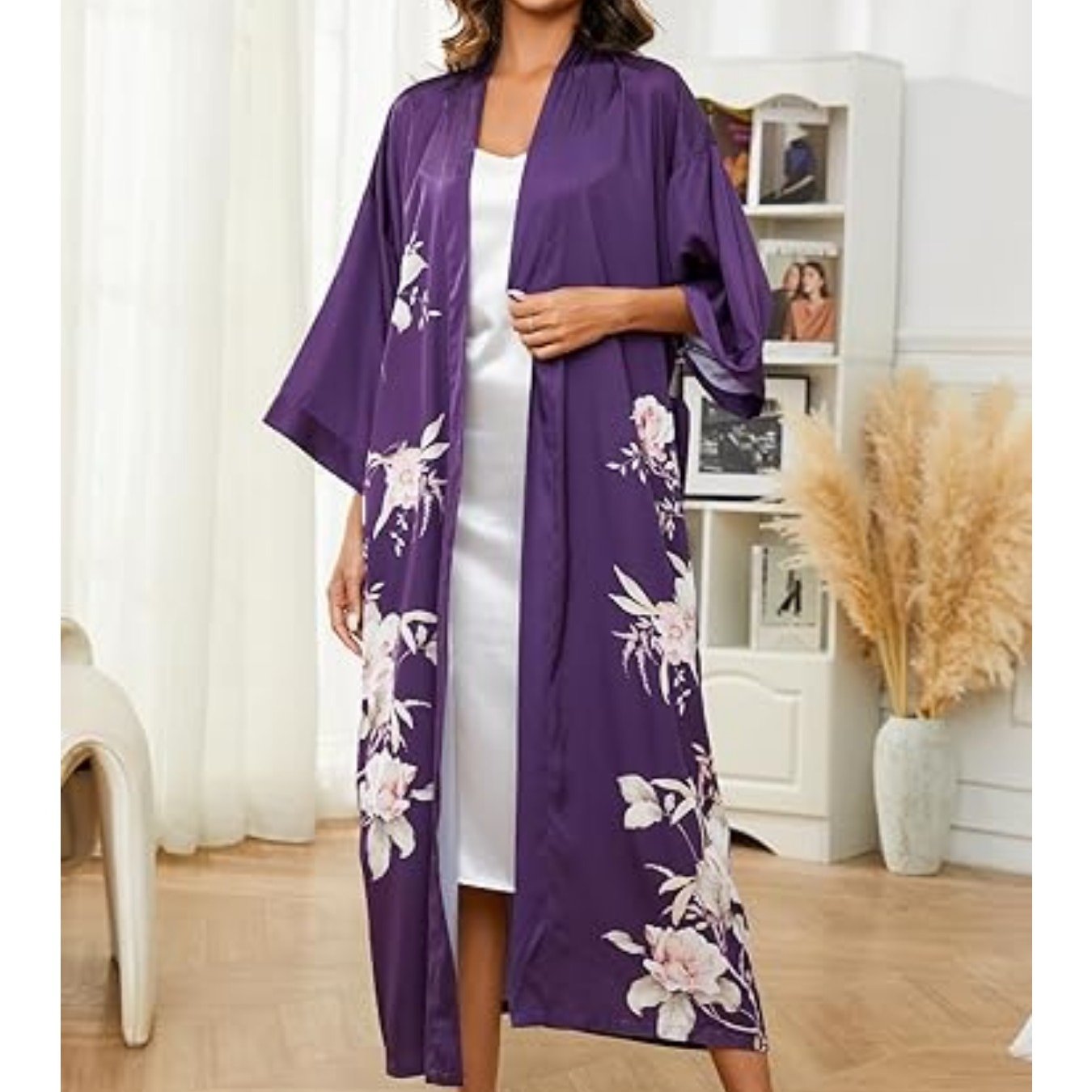 Women's Kimono Robe Long Bathrobe Women's Pajamas Floral Print Wedding Robe Nightgown Satin Bridesmaid Robe
