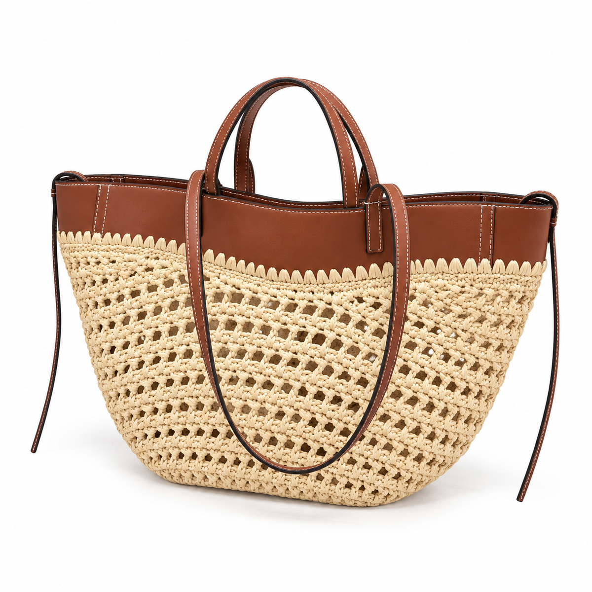 Beige Woven Crochet Tote With Brown Straps