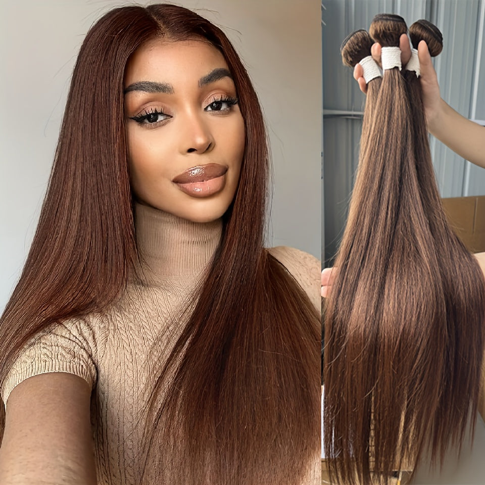 3 Bundles Straight Wave Virgin Human Hair Weave Extensions With 4x4 Lace Closure, 13×4 Lace Frontal, 100% Unprocessed Brazilian Hair, Dark Auburn Color, Soft & Tangle-Free, Versatile Hair Styling | Contemporary Style