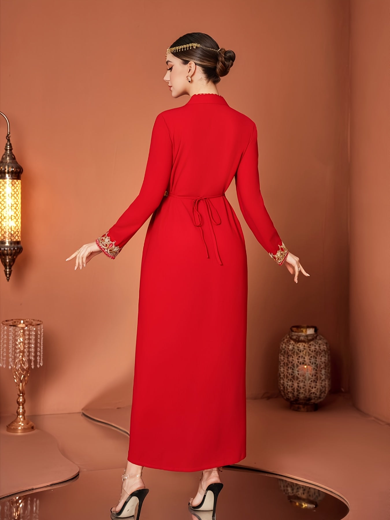 Women's Red Middle Eastern-Inspired Casual Emirati Abaya with Waist & Long Sleeves - 100% Polyester Lightweight Spring/Summer Dress, Elegant Hand Wash Only Solid Color Dress