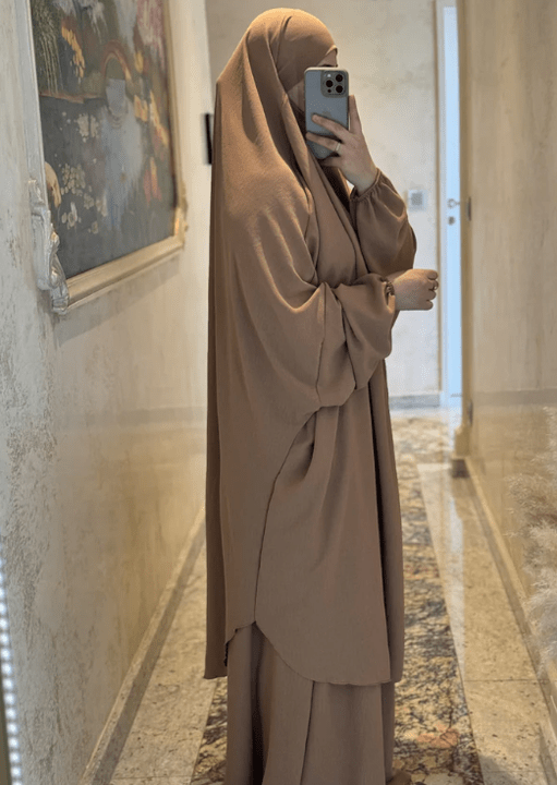 Plus Size, Women's 2pcs Islamic Abaya Prayer Dress & Hijab Set - Modest Turkish Kaftan with Long Flowing Batwing Sleeves, Boat Neck & Full Coverage, Loose Floor-Length Dress in Beige